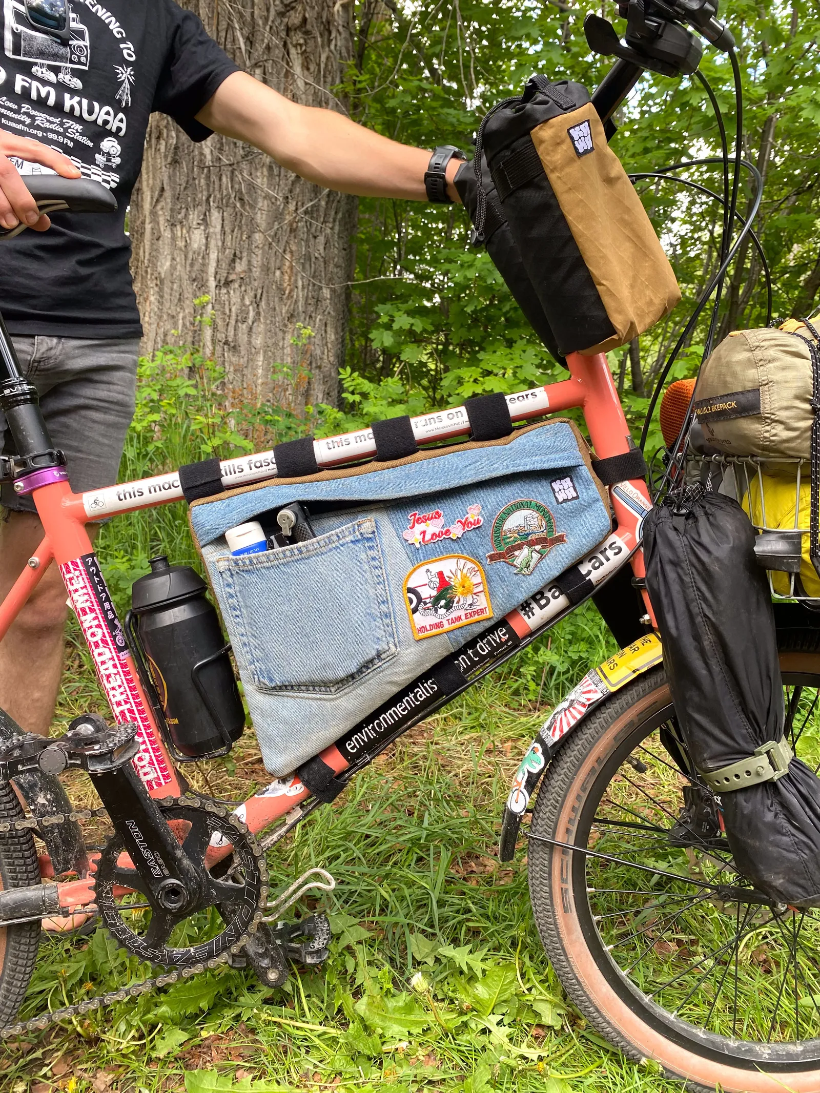 A denim framebag on a mini velo
