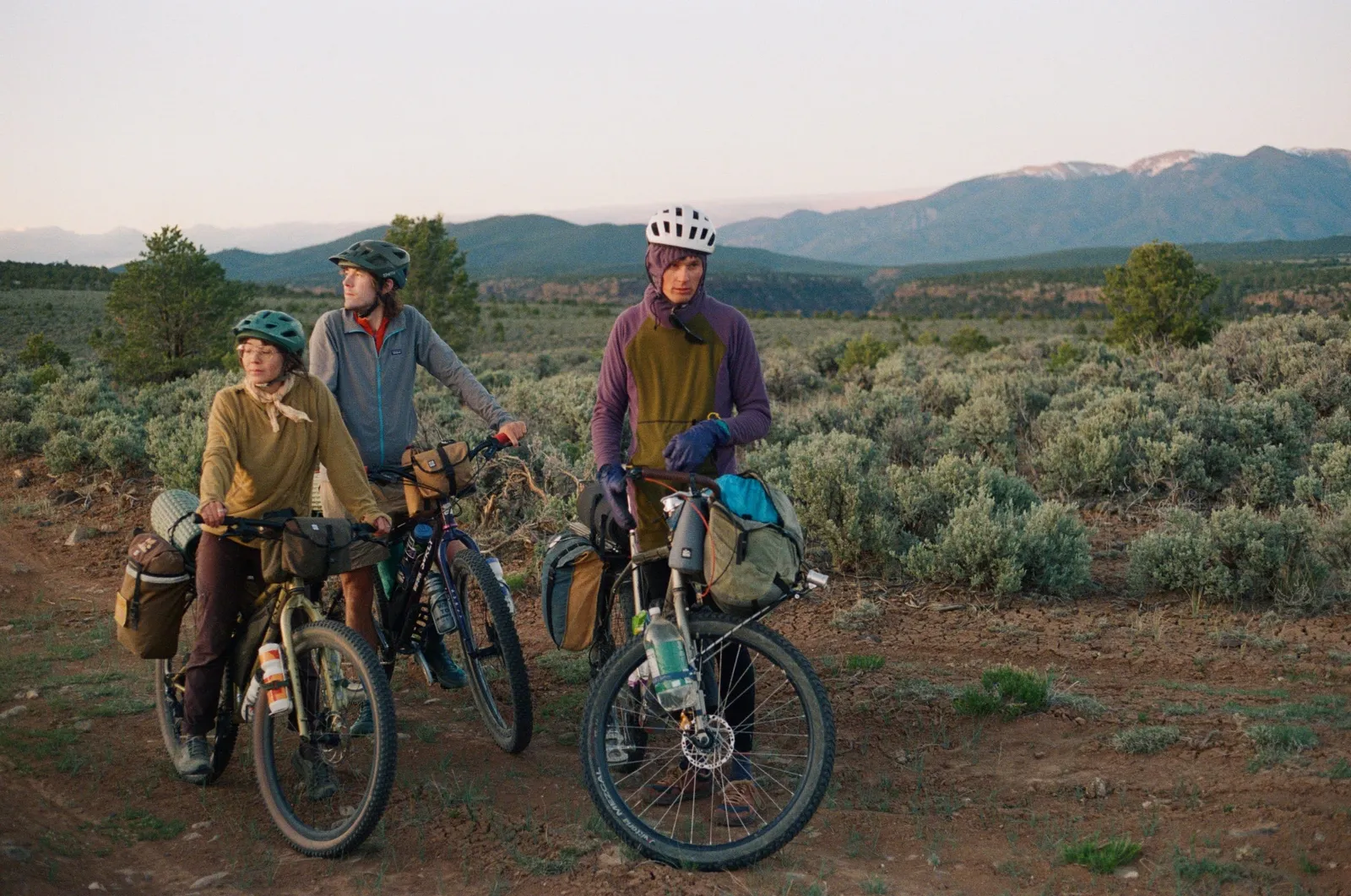 A group of bikepackers in the sagebrush