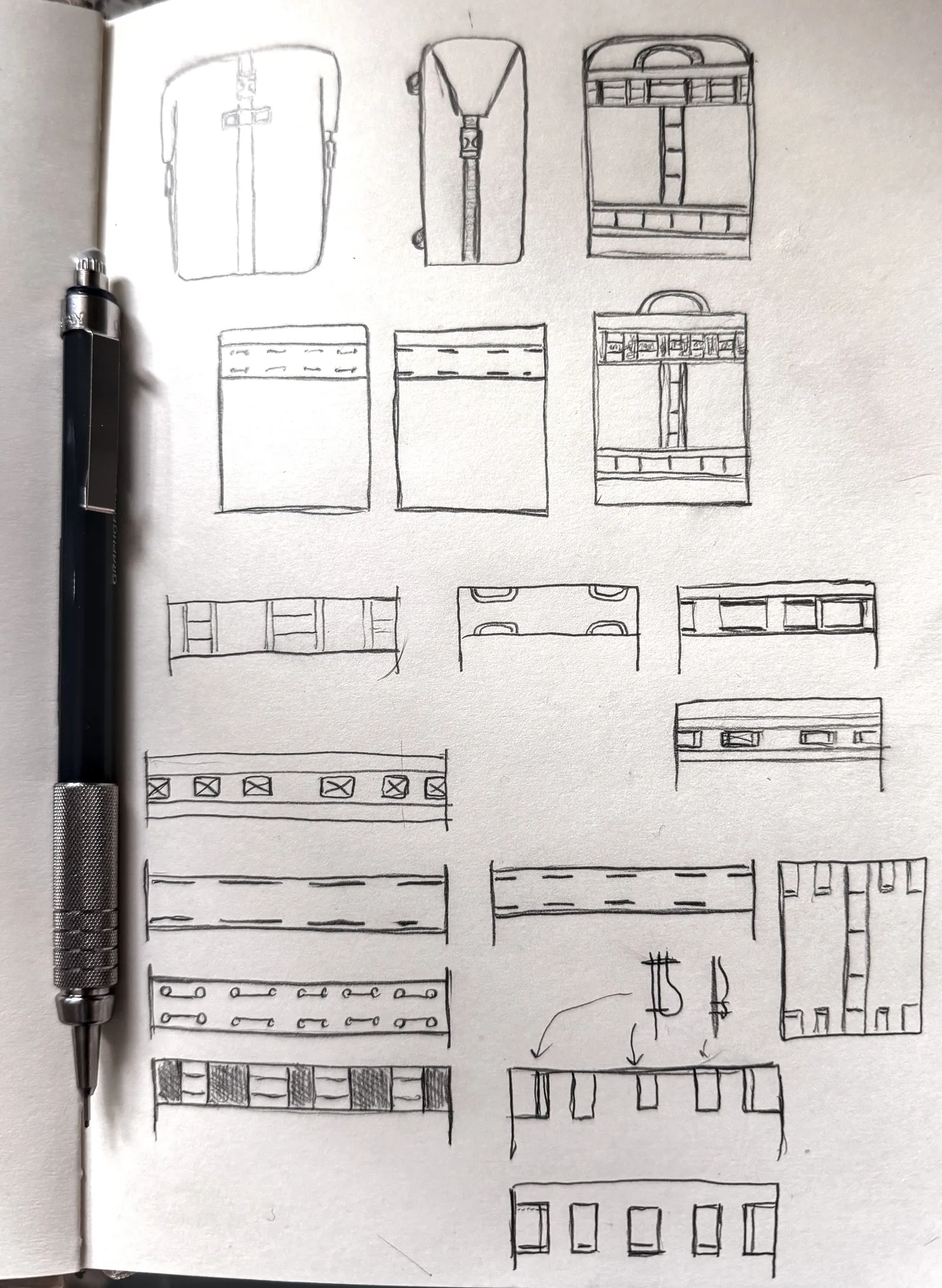 A page in a notebook with drawings of pannier designs