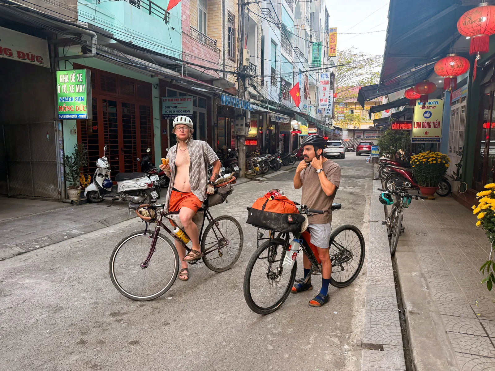 Bikes with bags in an alleyway