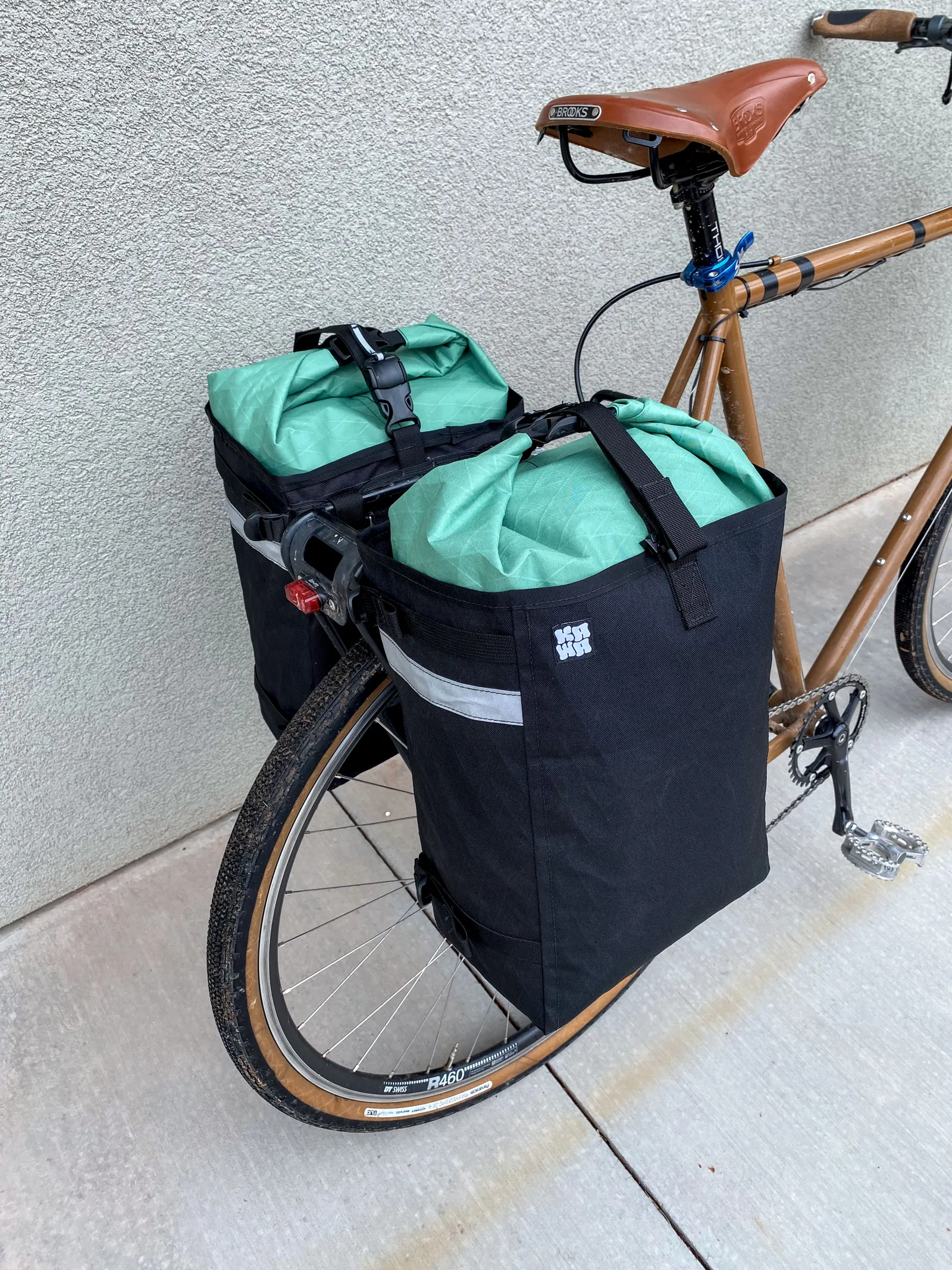 A set of older Kawa panniers on a bike