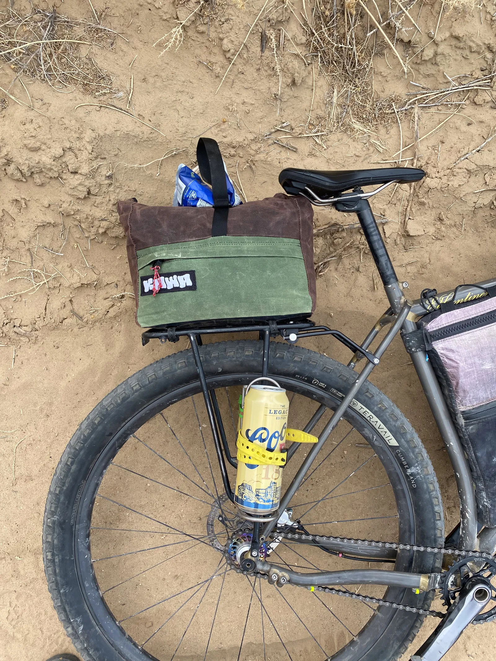 Kawa rear bag on a bike in the sand