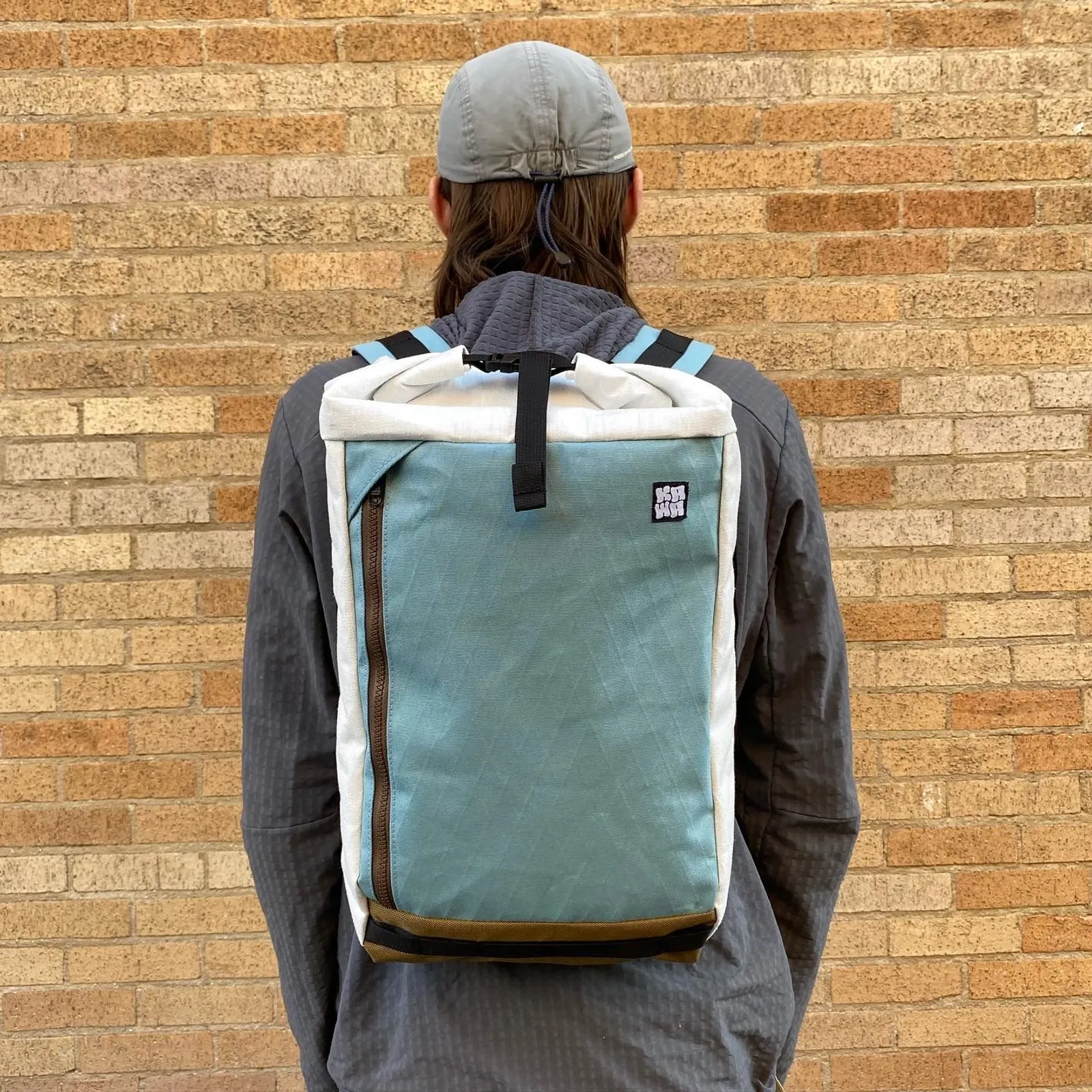 Kawa pack being worn, back view